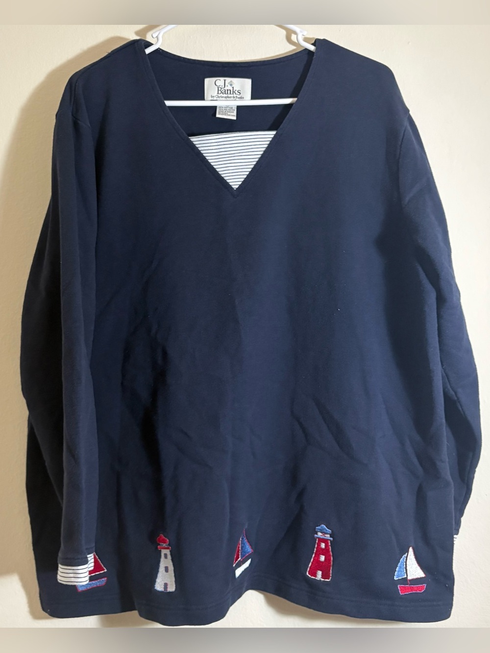 Vintage Women’s C.J. Banks Navy V-Neck Nautical Embroidered Sweatshirt Size 1X
